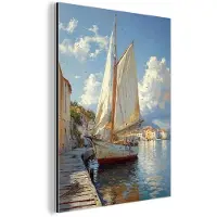 MuchoWow Aluminium schilderij 30x40 cm - Wanddecoratie metaal - Zeilschip - Huizen - Kade - Zee - Metalen muurdecoratie woonkamer - Decoratie industrieel - Foto op dibond - Industriële accessoires slaapkamer
