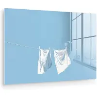 MuchoWow Glasschilderij 90x60 cm - Schilderij acrylglas - Lakens - Waslijn - Blauw - Minimalistisch - Foto op glas - Muurdecoratie woonkamer - Wanddecoratie slaapkamer - Schilderijen
