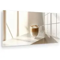 MuchoWow Glasschilderij 160x80 cm - Schilderij acrylglas - Mok - Latte - Minimalistisch - Schaduw - Foto op glas - Muurdecoratie woonkamer - Wanddecoratie slaapkamer - Schilderijen