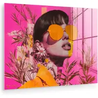 MuchoWow Glasschilderij 120x90 cm - Schilderij acrylglas - Zonnebril - Oranje - Vrouw - Planten - Foto op glas - Muurdecoratie woonkamer - Wanddecoratie slaapkamer - Schilderijen