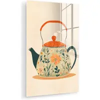 MuchoWow Glasschilderij 20x30 cm - Schilderij acrylglas - Oranje - Theepot - Bloemen - Bladeren - Foto op glas - Muurdecoratie woonkamer - Wanddecoratie slaapkamer - Schilderijen