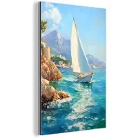 MuchoWow Aluminium schilderij 20x30 cm - Wanddecoratie metaal - Zeilboot - Rotsen - Kust - Huizen - Metalen muurdecoratie woonkamer - Decoratie industrieel - Foto op dibond - Industriële accessoires slaapkamer