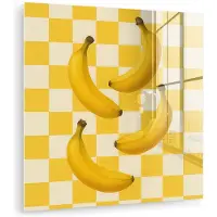 MuchoWow Glasschilderij 90x90 cm - Schilderij acrylglas - Bananen - Geel - Geblokt - Foto op glas - Muurdecoratie woonkamer - Wanddecoratie slaapkamer - Schilderijen
