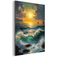 MuchoWow Aluminium schilderij 30x40 cm - Wanddecoratie metaal - Zee - Zon - Golven - Rotsen - Metalen muurdecoratie woonkamer - Decoratie industrieel - Foto op dibond - Industriële accessoires slaapkamer