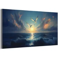 MuchoWow Aluminium schilderij 160x80 cm - Wanddecoratie metaal - Meeuwen - Zee - Wolken -Blauw - Metalen muurdecoratie woonkamer - Decoratie industrieel - Foto op dibond - Industriële accessoires slaapkamer
