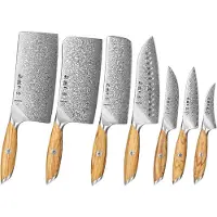 Xinzuo Professionele Messenset (7-delig) - X01 Flagship Series - Damascus staal (73 laags met poederstalen kern van 14Cr14MoVNb) - Olijfhout - Vlijmscherpe damastmessen - Inclusief mooie geschenkdoos