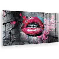MuchoWow Glasschilderij 80x40 cm - Schilderij acrylglas - Lippen - Felroze - Graffiti - Verfstrepen - Foto op glas - Muurdecoratie woonkamer - Wanddecoratie slaapkamer - Schilderijen
