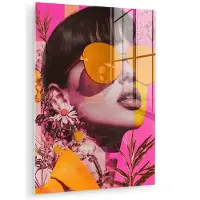 MuchoWow Glasschilderij 90x120 cm - Schilderij acrylglas - Zonnebril - Oranje - Vrouw - Planten - Foto op glas - Muurdecoratie woonkamer - Wanddecoratie slaapkamer - Schilderijen