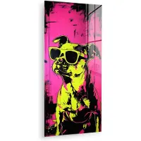 MuchoWow Glasschilderij 20x40 cm - Schilderij acrylglas - Hond - Zonnebril - Roze - Art - Foto op glas - Muurdecoratie woonkamer - Wanddecoratie slaapkamer - Schilderijen