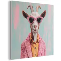 MuchoWow Aluminium schilderij 20x20 cm - Wanddecoratie metaal - Zonnebril - Roze - Geit - Horen - Metalen muurdecoratie woonkamer - Decoratie industrieel - Foto op dibond - Industriële accessoires slaapkamer