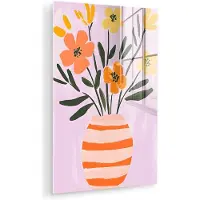 MuchoWow Glasschilderij 40x60 cm - Schilderij acrylglas - Vaas - Gestreept - Bloemen - Oranje - Foto op glas - Muurdecoratie woonkamer - Wanddecoratie slaapkamer - Schilderijen
