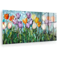 MuchoWow Glasschilderij 160x80 cm - Schilderij acrylglas - Mozaïek - Veld - Tulpen - Kleurrijk - Foto op glas - Muurdecoratie woonkamer - Wanddecoratie slaapkamer - Schilderijen