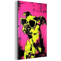 MuchoWow Aluminium schilderij 60x90 cm - Wanddecoratie metaal - Hond - Zonnebril - Roze - Art - Metalen muurdecoratie woonkamer - Decoratie industrieel - Foto op dibond - Industriële accessoires slaapkamer