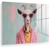 MuchoWow Glasschilderij 80x60 cm - Schilderij acrylglas - Zonnebril - Roze - Geit - Horen - Foto op glas - Muurdecoratie woonkamer - Wanddecoratie slaapkamer - Schilderijen