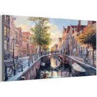 MuchoWow Aluminium schilderij 40x20 cm - Wanddecoratie metaal - Brug - Stad - Huizen - Boot - Metalen muurdecoratie woonkamer - Decoratie industrieel - Foto op dibond - Industriële accessoires slaapkamer