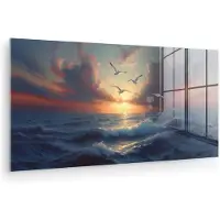 MuchoWow Glasschilderij 160x80 cm - Schilderij acrylglas - Meeuwen - Zonsondergang - Zee - Wolken - Foto op glas - Muurdecoratie woonkamer - Wanddecoratie slaapkamer - Schilderijen