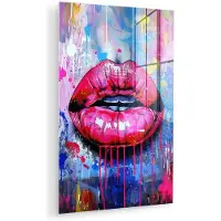 MuchoWow Glasschilderij 80x120 cm - Schilderij acrylglas - Graffiti - Lippen - Felroze - Geschilderd - Foto op glas - Muurdecoratie woonkamer - Wanddecoratie slaapkamer - Schilderijen