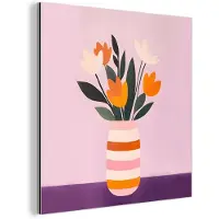 MuchoWow Aluminium schilderij 50x50 cm - Wanddecoratie metaal - Tulpen - Vaas - Strepen - Paars - Metalen muurdecoratie woonkamer - Decoratie industrieel - Foto op dibond - Industriële accessoires slaapkamer