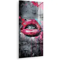MuchoWow Glasschilderij 20x40 cm - Schilderij acrylglas - Lippen - Felroze - Graffiti - Verfstrepen - Foto op glas - Muurdecoratie woonkamer - Wanddecoratie slaapkamer - Schilderijen