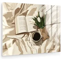 MuchoWow Glasschilderij 40x30 cm - Schilderij acrylglas - Boek - Illustratie - Tulpen - Koffie - Foto op glas - Muurdecoratie woonkamer - Wanddecoratie slaapkamer - Schilderijen