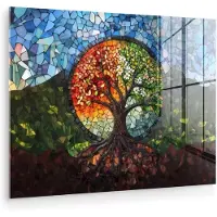 MuchoWow Glasschilderij 80x60 cm - Schilderij acrylglas - Boom - Seizoenen - Mozaïek - Bergen - Foto op glas - Muurdecoratie woonkamer - Wanddecoratie slaapkamer - Schilderijen
