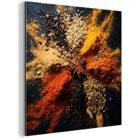 MuchoWow Aluminium schilderij 90x90 cm - Wanddecoratie metaal - Specerijen - Explosie - Oranje - Metalen muurdecoratie woonkamer - Decoratie industrieel - Foto op dibond - Industriële accessoires slaapkamer