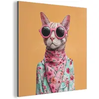 MuchoWow Aluminium schilderij 50x50 cm - Wanddecoratie metaal - Zonnebril - Kat - Sjaal - Bloemen - Metalen muurdecoratie woonkamer - Decoratie industrieel - Foto op dibond - Industriële accessoires slaapkamer