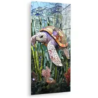 MuchoWow Glasschilderij 40x80 cm - Schilderij acrylglas - Schildpad - Zeewier - Mozaïek - Foto op glas - Muurdecoratie woonkamer - Wanddecoratie slaapkamer - Schilderijen