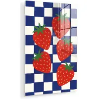 MuchoWow Glasschilderij 20x30 cm - Schilderij acrylglas - Geblokt - Blauw - Aardbeien - Foto op glas - Muurdecoratie woonkamer - Wanddecoratie slaapkamer - Schilderijen