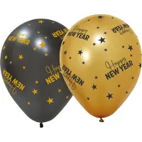 We Fiesta 12 ballonnen 12" 3 met goud / 3 zwart - Happy New Year Golden Celebrations