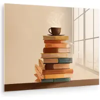 MuchoWow Glasschilderij 40x30 cm - Schilderij acrylglas - Boeken - Toren - Koffie - Beige - Foto op glas - Muurdecoratie woonkamer - Wanddecoratie slaapkamer - Schilderijen