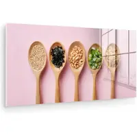 MuchoWow Glasschilderij 80x40 cm - Schilderij acrylglas - Ingrediënten - Lepels - Hout - Roze - Foto op glas - Muurdecoratie woonkamer - Wanddecoratie slaapkamer - Schilderijen