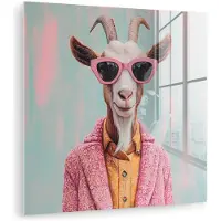 MuchoWow Glasschilderij 50x50 cm - Schilderij acrylglas - Zonnebril - Roze - Geit - Horen - Foto op glas - Muurdecoratie woonkamer - Wanddecoratie slaapkamer - Schilderijen