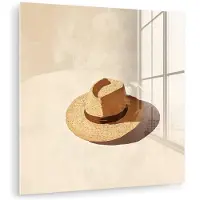 MuchoWow Glasschilderij 50x50 cm - Schilderij acrylglas - Hoed - Minimalistisch - Schaduw - Beige - Foto op glas - Muurdecoratie woonkamer - Wanddecoratie slaapkamer - Schilderijen