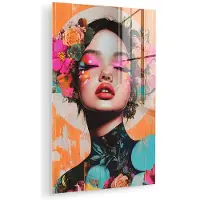 MuchoWow Glasschilderij 80x120 cm - Schilderij acrylglas - Portret - Vrouw - Abstract - Bloemen - Foto op glas - Muurdecoratie woonkamer - Wanddecoratie slaapkamer - Schilderijen