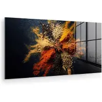MuchoWow Glasschilderij 160x80 cm - Schilderij acrylglas - Specerijen - Explosie - Oranje - Foto op glas - Muurdecoratie woonkamer - Wanddecoratie slaapkamer - Schilderijen