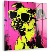 MuchoWow Glasschilderij 90x90 cm - Schilderij acrylglas - Hond - Zonnebril - Roze - Art - Foto op glas - Muurdecoratie woonkamer - Wanddecoratie slaapkamer - Schilderijen