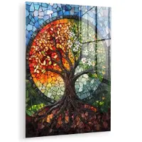 MuchoWow Glasschilderij 30x40 cm - Schilderij acrylglas - Boom - Seizoenen - Mozaïek - Bergen - Foto op glas - Muurdecoratie woonkamer - Wanddecoratie slaapkamer - Schilderijen