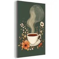 MuchoWow Aluminium schilderij 40x60 cm - Wanddecoratie metaal - Kop - Bloemen - Groen - Koffie - Metalen muurdecoratie woonkamer - Decoratie industrieel - Foto op dibond - Industriële accessoires slaapkamer