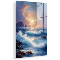 MuchoWow Glasschilderij 80x120 cm - Schilderij acrylglas - Golven - Zee - Kleurrijk - Rotsen - Foto op glas - Muurdecoratie woonkamer - Wanddecoratie slaapkamer - Schilderijen