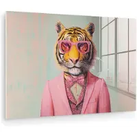 MuchoWow Glasschilderij 30x20 cm - Schilderij acrylglas - Tijger - Strik - Jasje - Roze - Foto op glas - Muurdecoratie woonkamer - Wanddecoratie slaapkamer - Schilderijen