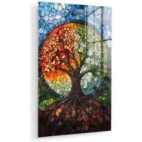 MuchoWow Glasschilderij 80x120 cm - Schilderij acrylglas - Boom - Seizoenen - Mozaïek - Bergen - Foto op glas - Muurdecoratie woonkamer - Wanddecoratie slaapkamer - Schilderijen