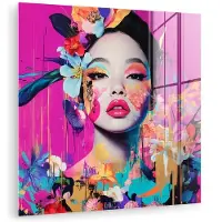 MuchoWow Glasschilderij 50x50 cm - Schilderij acrylglas - Vrouw - Portret - Abstract - Paars - Foto op glas - Muurdecoratie woonkamer - Wanddecoratie slaapkamer - Schilderijen