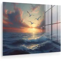 MuchoWow Glasschilderij 120x90 cm - Schilderij acrylglas - Meeuwen - Zonsondergang - Zee - Wolken - Foto op glas - Muurdecoratie woonkamer - Wanddecoratie slaapkamer - Schilderijen