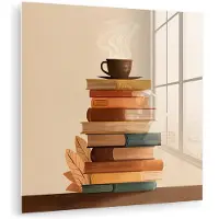 MuchoWow Glasschilderij 20x20 cm - Schilderij acrylglas - Boeken - Toren - Koffie - Beige - Foto op glas - Muurdecoratie woonkamer - Wanddecoratie slaapkamer - Schilderijen