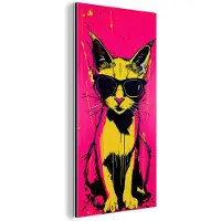 MuchoWow Aluminium schilderij 80x160 cm - Wanddecoratie metaal - Kat - Art - Zonnebril - Roze - Metalen muurdecoratie woonkamer - Decoratie industrieel - Foto op dibond - Industriële accessoires slaapkamer