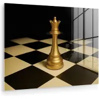 MuchoWow Glasschilderij 80x60 cm - Schilderij acrylglas - Koningin - Schaakstuk - Geblokt - Goud - Foto op glas - Muurdecoratie woonkamer - Wanddecoratie slaapkamer - Schilderijen