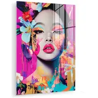 MuchoWow Glasschilderij 60x80 cm - Schilderij acrylglas - Vrouw - Portret - Abstract - Paars - Foto op glas - Muurdecoratie woonkamer - Wanddecoratie slaapkamer - Schilderijen