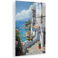 MuchoWow Glasschilderij 80x120 cm - Schilderij acrylglas - Huizen - Zee - Bomen - Bloemen - Foto op glas - Muurdecoratie woonkamer - Wanddecoratie slaapkamer - Schilderijen