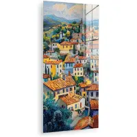 MuchoWow Glasschilderij 60x120 cm - Schilderij acrylglas - Dorp - Heuvels - Landschap - Bomen - Foto op glas - Muurdecoratie woonkamer - Wanddecoratie slaapkamer - Schilderijen